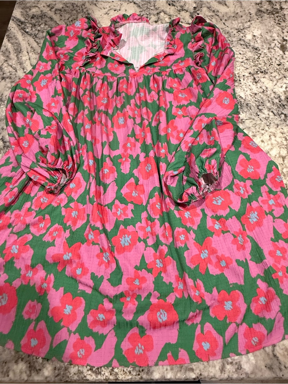 Pink & Green Floral Ruffle Neck Dress